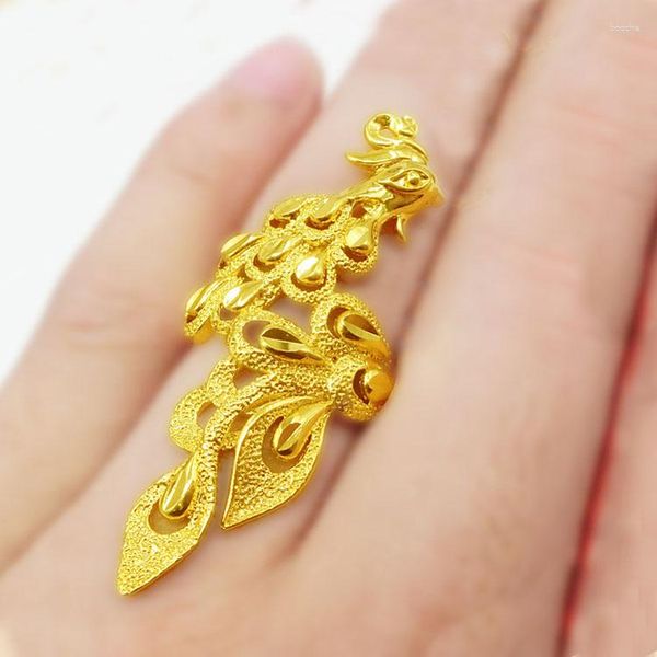 Anéis de casamento abertos pavão anel amarelo ouro preenchido feminino Phoenix joias de noiva