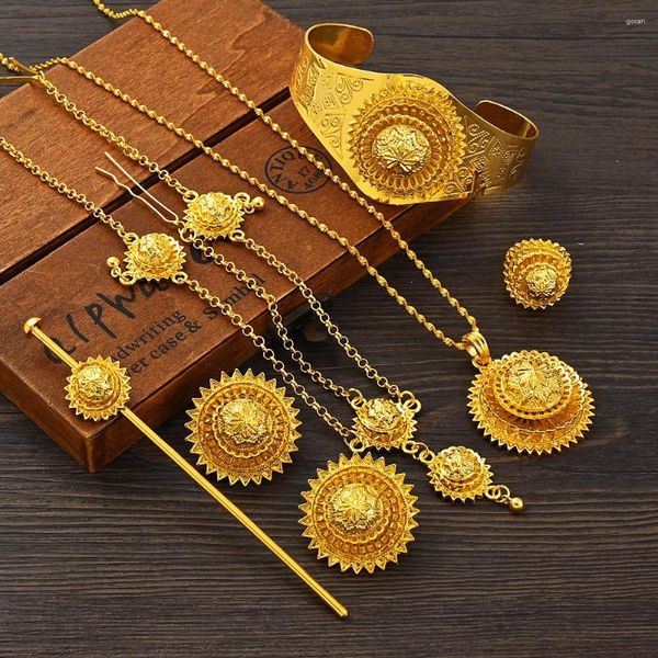 Conjunto de brincos de colar estilo Habasha etíope em cor dourada pura para noivas da moda