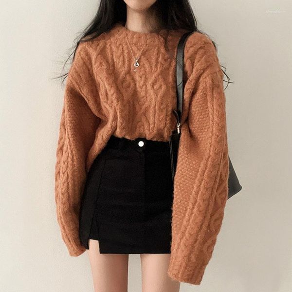 Damenpullover Korea Chic Rhombus Muster langärmelige Strickwaren Pullover Frauen gestrickte Pullover Herbst Retro vielseitig verdicken weiblich