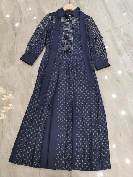 Casual Kleider 2023 Frühjahr/Sommer Seide Geometrische Drucken Marineblau Plissee Taille Gewickelt Drehen Unten Kragen Kleid Frau Sommer