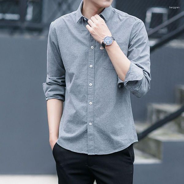 Herrenhemden Langarmhemd und Bluse mit Tasche Koreanischer Stil Männlicher Top-Kragen Slim Fit Social Hochwertige asiatische Kleidung XXL
