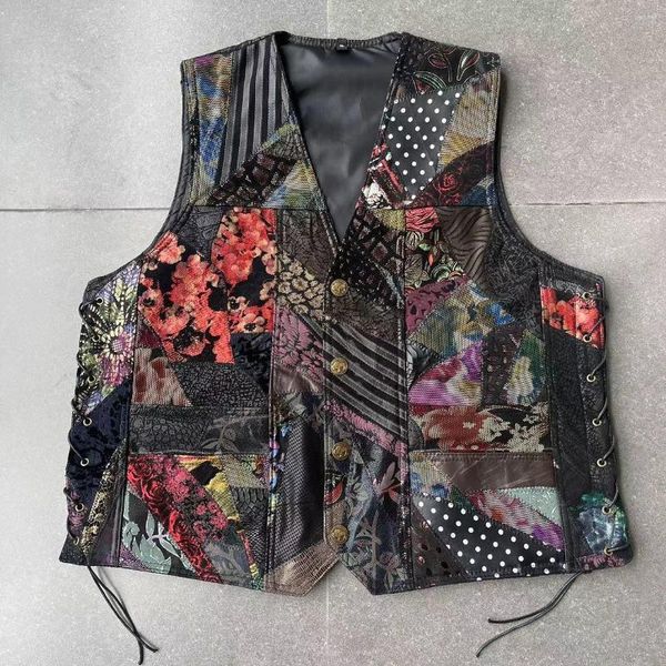 Gilet da uomo in pelle da motociclista maschile corto monopetto moda disegni pirografici giacca senza maniche gilet punk per uomo