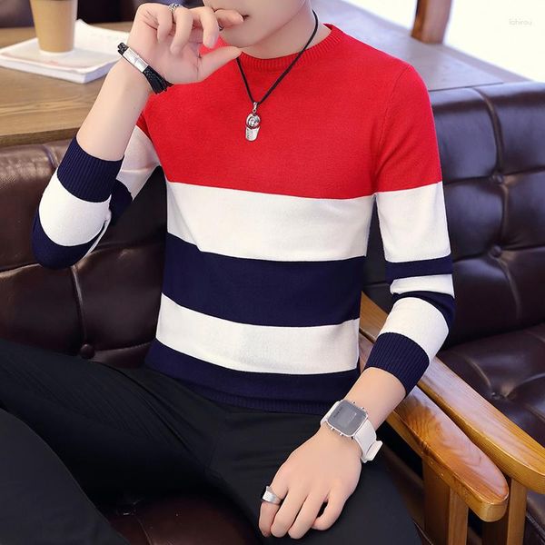 Erkek Sweaters Sweater Bahar Sonbahar Öğrencileri Güney Koreli İnce Gençlik Çizgili Kırmızı ve Siyah İki Renk M-XXL