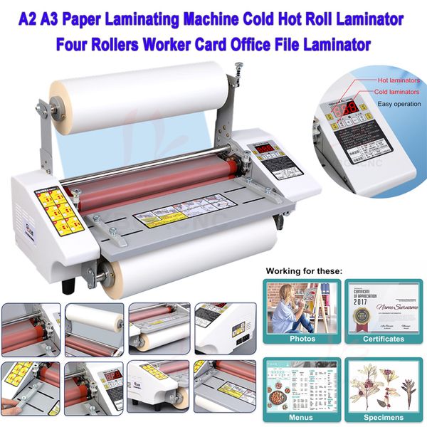 Desktop A3 A2 Macchina di Laminazione di Carta Versione Inglese A Quattro Rulli Laminatore a Caldo Freddo Attrezzatura di Laminazione per Film Foto 220V 110V