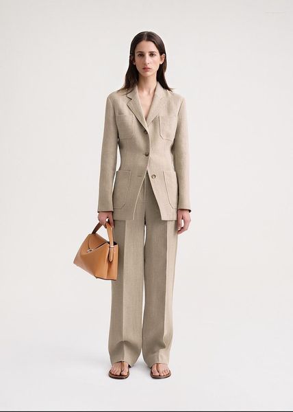 T0te Me Damen-Blazer-Set, Frühling/Herbst, Mantel, Anzug, Jacke, elegant, klassisch, Vintage-Stil, Taschen-Leinen, V-Ausschnitt, Bürodame, zweiteilige Hose