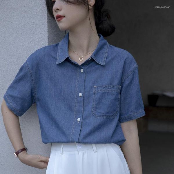 Frauen Blusen Mode Blau Denim Shirts Frau Sommer Baumwolle Elegante Kurzarm Büro Top Weibliche 2023 Casual Lose Bluse für Frauen CL52