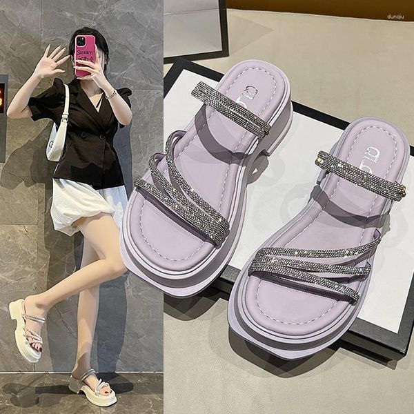 Kristall Chunky Plattform Sandalen Glänzende Frauen Keile Zurück Strap Gladiator Sandalen Frau Sommer Karree Dicken Boden Hausschuhe 9395