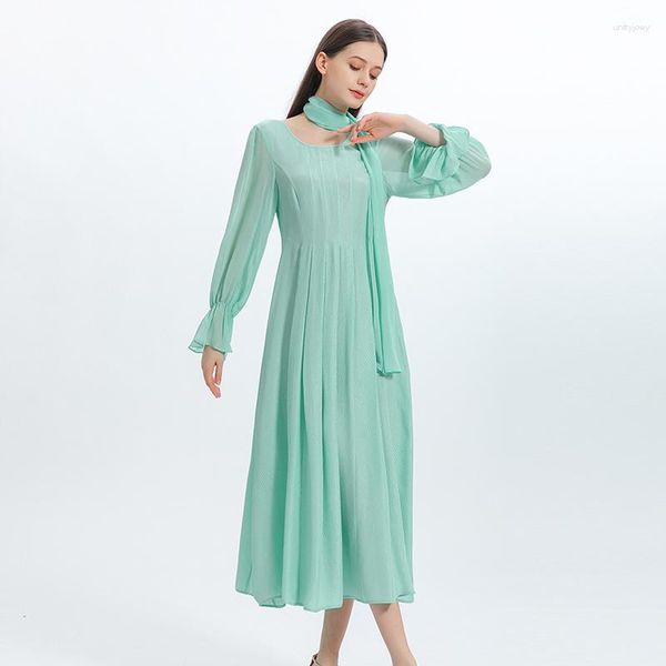 Vestidos casuais simples o-pescoço georgette cachecol praia vidro seda mulher vestido longo primavera elegante flare mangas outono ae1221