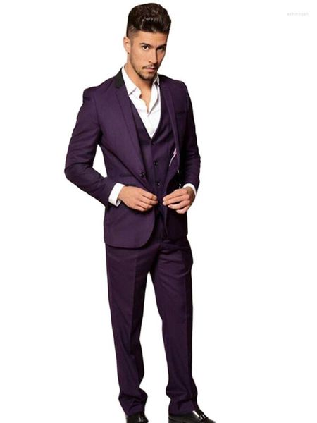 Abiti da uomo 3 pezzi (giacca pantaloni gilet) Abito da uomo viola scuro Tacca con risvolto Design Slim Fit Party Prom Smoking Bel matrimonio Sposo Matrimonio