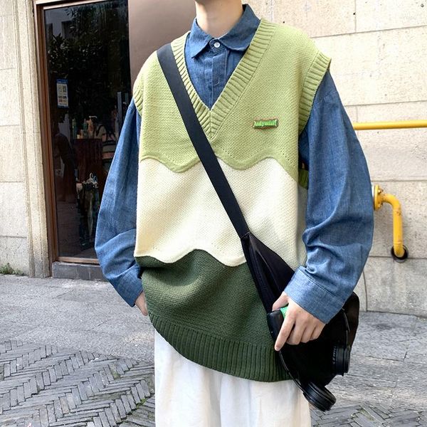 Herrenwesten Männer Pullover Weste Preppy Vitality Harajuku Retro V-Ausschnitt All-Match-Mode Baggy Teens Japanische stilvolle schicke Strickwaren High Street