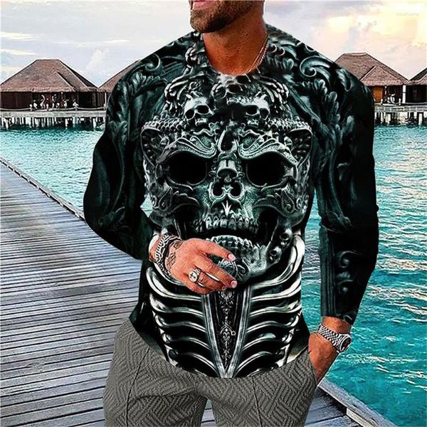 Herren-T-Shirts, Vintage-Langarmshirt für Männer, 3D-Schädel, O-Ausschnitt, T-Shirts, Tops, Straße, Hip-Hop-T-Shirts, übergroße T-Shirts, Kleidung, Camiseta