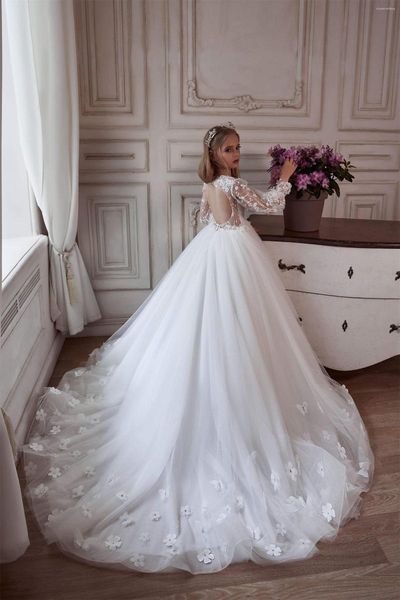 Vestidos de menina vestido flor tule renda impressão com vazamento nas costas transparente princesa primeira comunhão festa de dança de casamento sonho crianças gif