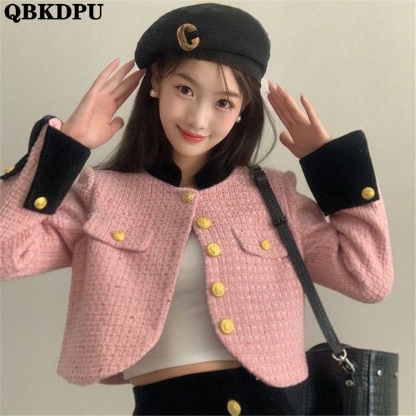 Damen-Wollmischungen, rosa, gespleißte, kurze Tweed-Jacke, Damen, klassische Vintage-Kurzmäntel, einreihig, schlank, Oberbekleidung, koreanische Streetwear, Chaquetas 230906