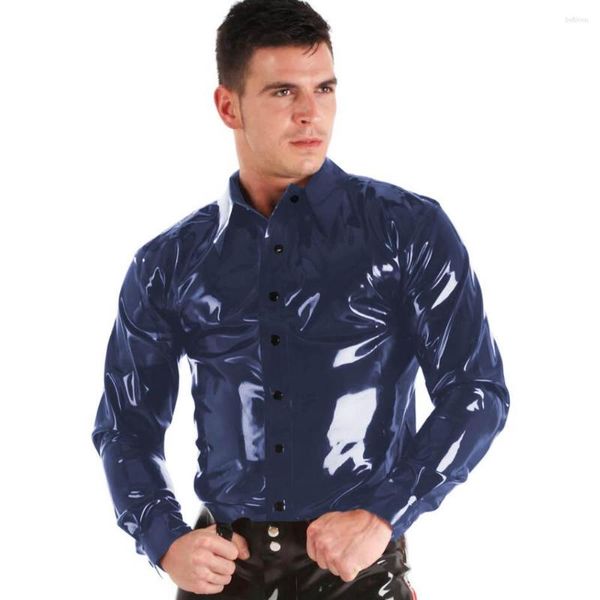 Мужские куртки, мужская рубашка на пуговицах для геев, сексуальная блестящая кожаная футболка из ПВХ, топы, топы для офиса, деловой вечеринки, клуба, ночи, S-7XL