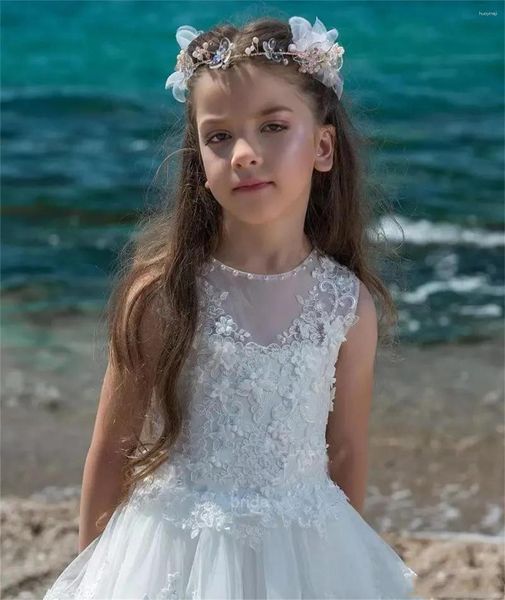 Vestidos da menina vestido de flor branco fofo tule renda frisado apliques casamento bonito maca criança primeira festa eucarística bola