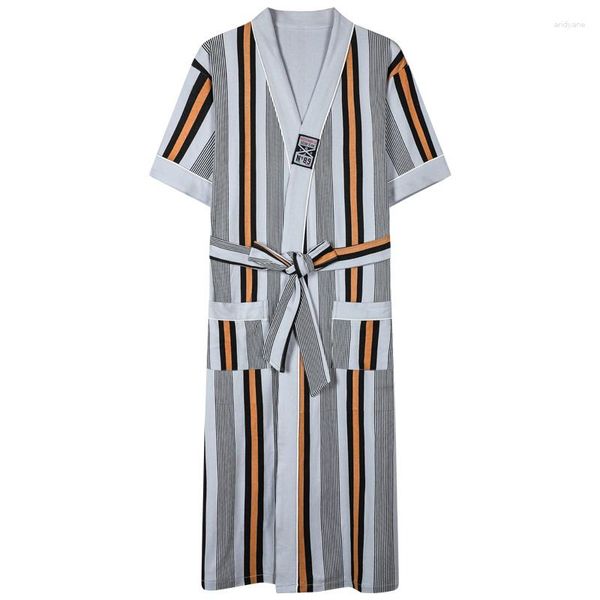 Homens sleepwear verão roupão L-4XL homens algodão sleep top quimono robes masculino listrado longo banho robe vestido de noiva