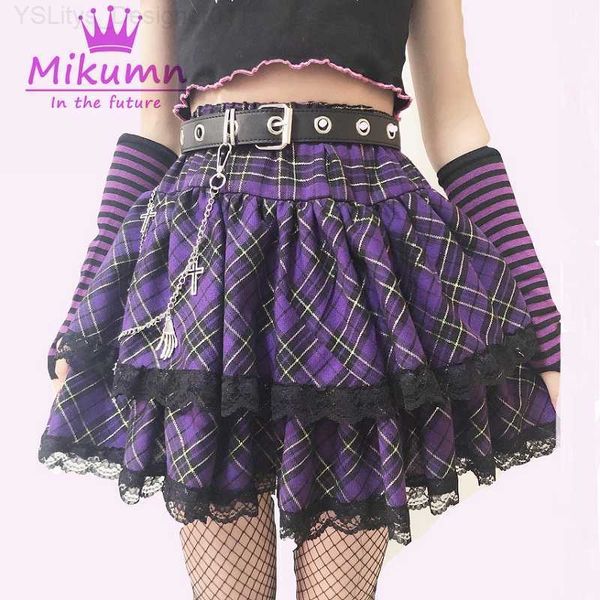 Gonne Giapponesi Harajuku Ragazze Gonne a pieghe scozzesi viola Punk gotico Sweet Lolita Torta Minigonna Abito da ballo Donna Gonne corte Kawaii L230907