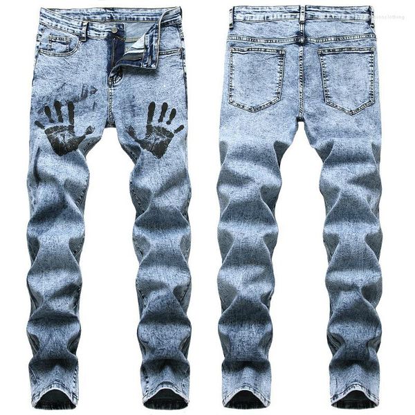Jeans masculinos estiramento tomada moda plus size 29-42 jean luz azul casual marca s denim palma impressão