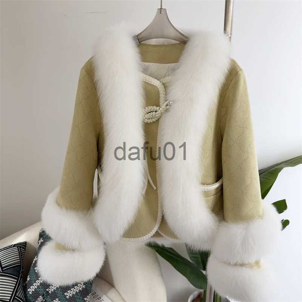 Mulheres de pele falsa pele 2023 novo estilo luxo inverno para baixo casaco para mulheres com casaco de pele real grosso pena jaqueta curta genuína pele de raposa moda outwear x0907