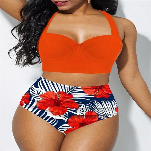 Damen-Bademode, Damen-Badeanzug, zweiteilig, Retro-Stil, gerüscht, hohe Taille, Punktdruck, Bikini-Set, Badeanzug