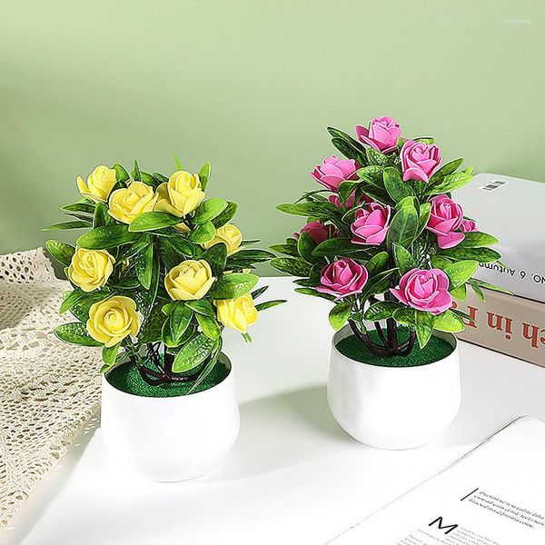 Fiori decorativi 1PC Fiore artificiale Bonsai Forniture da giardino Decorazione domestica Pianta finta Simulazione Rosa in vaso di alta qualità