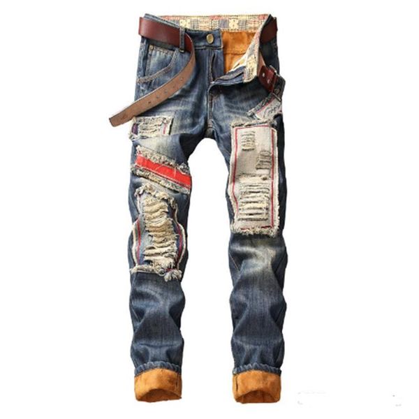 Denim designer buraco jeans calças rasgadas para homens tamanho 28-38 40 outono inverno mais veludo hip hop punk streetwear calças273l