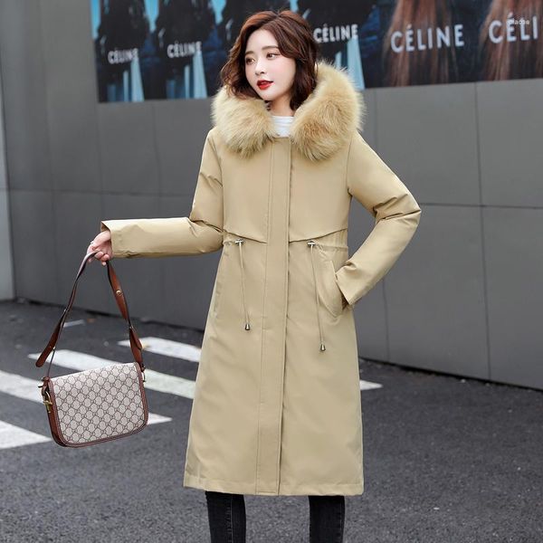 Casacos de Trench das Mulheres Agradável Estilo Longo Inverno Soild Parkas para Mulher Casual Lã Forro Feminino Com Capuz Pele Plus Size Senhoras Jaqueta com Dois