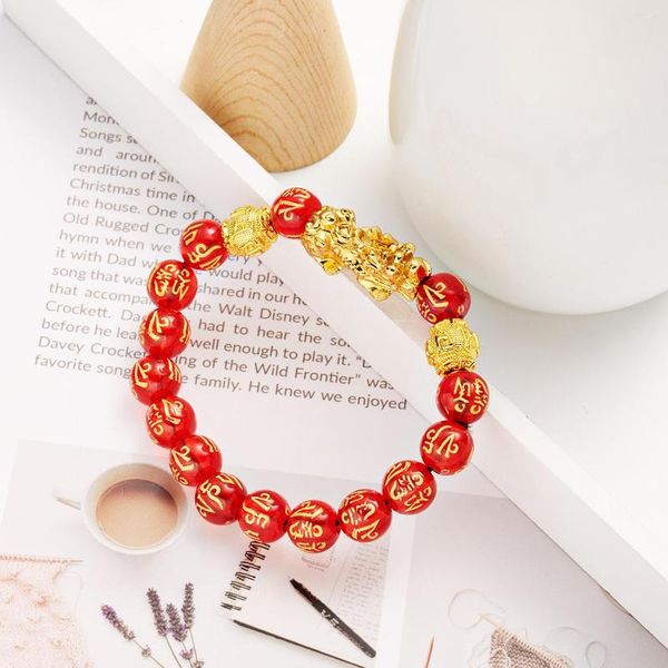 Charme pulseiras cor de ouro pi xiu sorte pulseiras para homens mulheres moda fengshui vermelho frisado pulseira riqueza boa sorte jóias presente