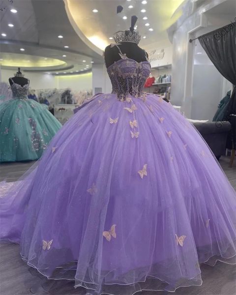 Lilás roxo querida vestido de baile quinceanera vestido para meninas arco borboleta vestidos de festa de aniversário frisado baile de formatura de 15 anos