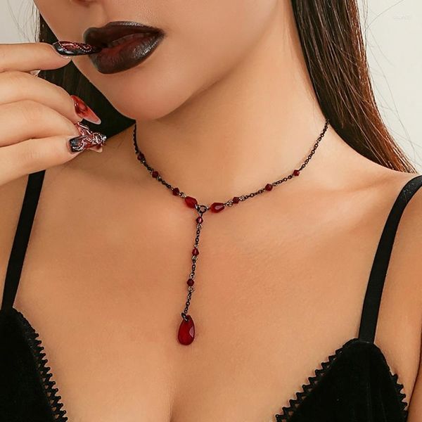 Correntes gótico vermelho cristal pingente colar jóias para mulheres hip hop rock punk festa vintage goth colares acessórios de halloween