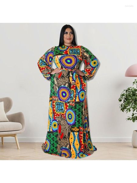 Afrikanische Kleider in Übergröße für Frauen 4XL 5XL Herbst Vintage bedrucktes Langarm-Maxikleid mit Gürtel