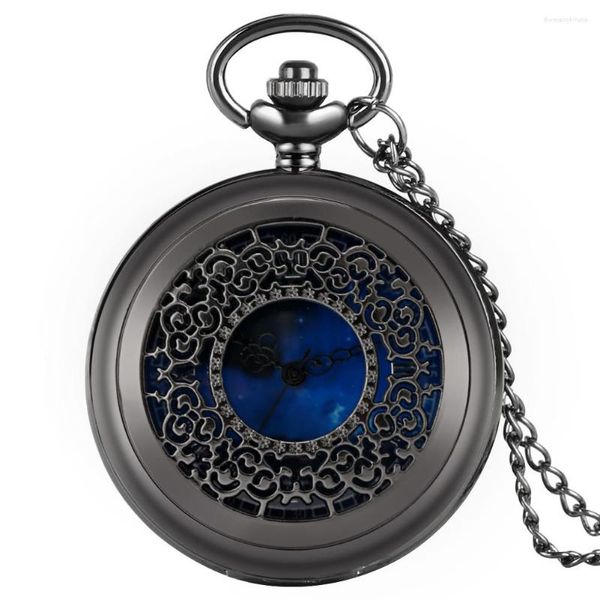 Taschenuhren mit Charme, blauer Nachthimmel, Quarzuhr, schwarze Halskette, Anhänger, Uhr, römische Ziffern, Zifferblatt, Vintage-Uhr, Geschenk für Männer und Frauen
