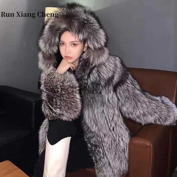Mulheres de pele falsa pele run xiang cheng 2023 outono e inverno novo casaco de pele coreano feminino falso pele de raposa com capuz casaco quente engrossado cinza frete grátis x0907
