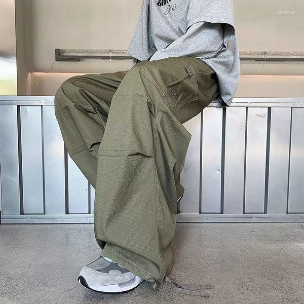 Calças masculinas verde carga homens japonês oversize perna larga calças masculino preto solto casual streetwear hip hop safari estilo