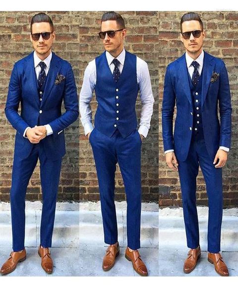 Abiti da uomo 2023 Risvolto con risvolto Uomo Royal Blue 3 pezzi Set da uomo da sposa Blazer Pantaloni Giacca formale Slim Fit Pantaloni Gilet Costume