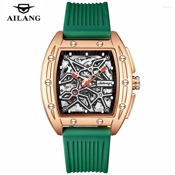 Orologi da polso Orologi da lavoro meccanici automatici in oro rosa Orologi da uomo sportivi scheletrati Orologio militare da uomo Cinturino in caucciù verde