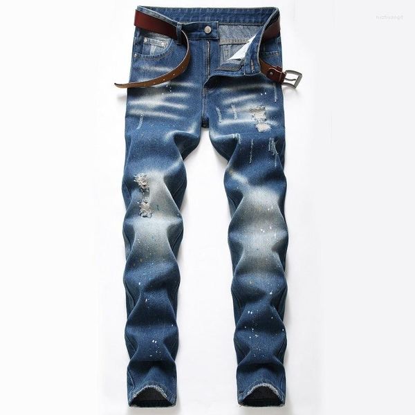 Jeans masculinos baixo aumento quatro estações chegada vintage rasgado moda streetwear mancha tinta angustiada calças deim