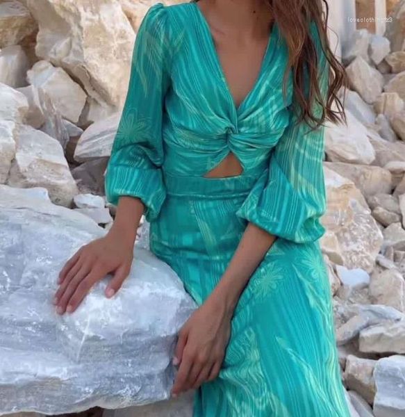 Casual Dresses Elegantes Fischschwanzkleid für Frau V-förmiger Kragen mit langen Ärmeln Pflanzenblumen Druck Weiblicher Strand Home Rock