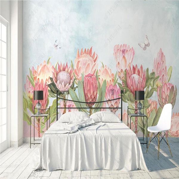 Wallpapers nórdico pintado à mão aquarela flor real fundo papel de parede sala de estar decoração papel de parede 3d menina mural decoração de casa