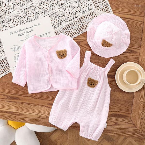 Conjuntos de roupas rosa menina roupas conjunto nascido bebê verão outono musselina algodão casaco macacão sunhats infantil crianças criança macacão