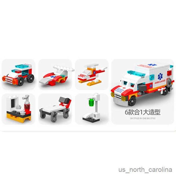 Blocos 6 em 1 nova ambulância escolta carro paramédico médico carregador caminhão clássico modelo blocos de construção conjuntos brinquedo cidade r230907