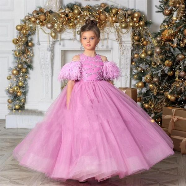 Vestidos de menina rosa vermelho fofo tule brilhante borla vestido de flor casamento elegante celebração de comunhão de crianças pequenas