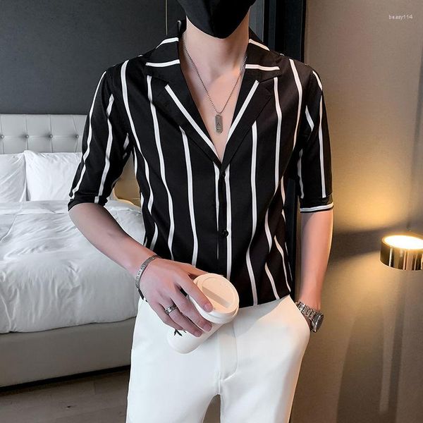 Camisas casuais masculinas verão manga curta listrada camisa de carga havaiana terno colarinho punho francês moda magro ajuste masculino