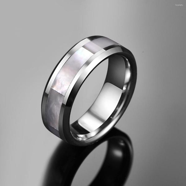 Anéis de casamento JQUEEN 8mm de largura anel de carboneto de tungstênio masculino cor de aço incrustação branca madrepérola T232R