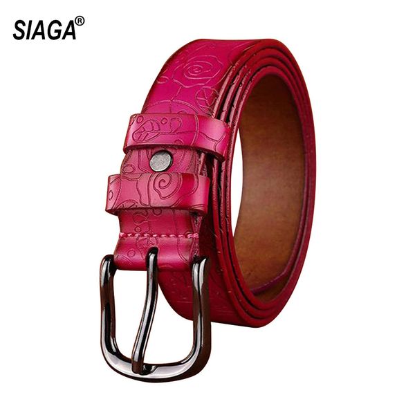 Cintos Design de Moda Floral Padrão Rosa Vermelho Genuíno Couro Feminino Cinto Feminino Pin Buckle Metal Cintos 28mm Largura FCO082 230907