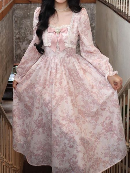 Lässige Kleider Rosa Blumendruck Kleid Frauen Eleganter quadratischer Kragen Puffärmel Weiblicher französischer Stil Vintage Kawaii Spitze Bogen lang