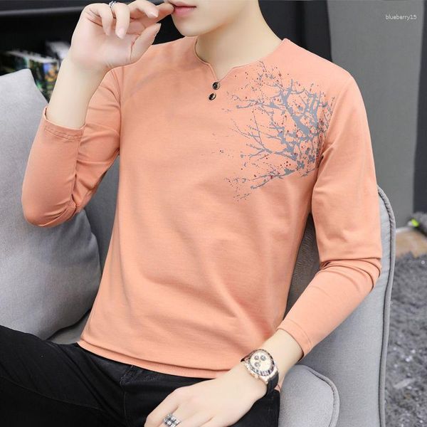 Camiseta masculina moda botão all-match impresso camiseta roupas 2023 primavera solto casual pullovers manga longa camiseta coreana