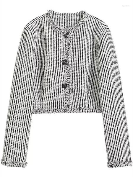 Jaquetas femininas 2023 outono inverno retro listrado franja hem tweed casaco curto para mulheres moda coreana em torno do pescoço manga longa casual magro