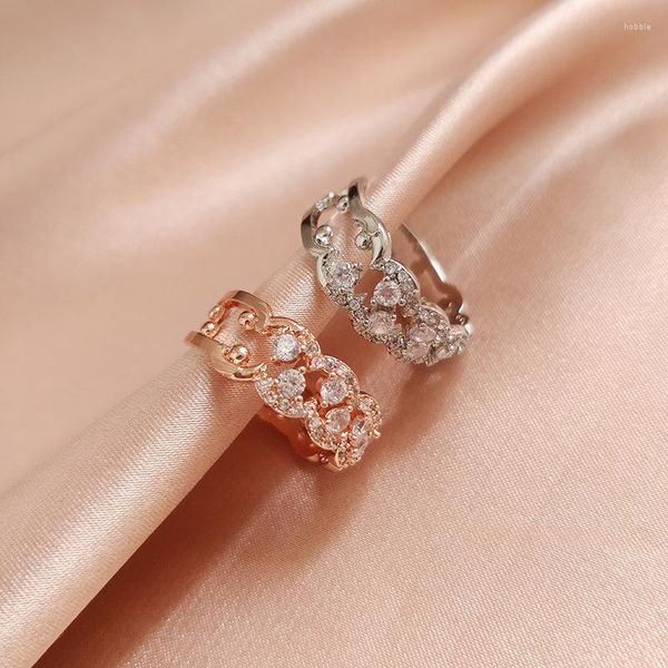 Bagues de cluster Luxe Shine Blanc Zircon Femmes Bague Ouverte Mode Rose Plaqué Or Cristal Cocktail Fête Fine Bijoux Cadeaux De L'amant