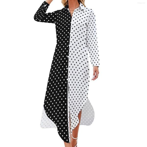 Lässige Kleider Schwarz-weißes zweifarbiges Kleid Retro Polka Dot Ästhetisches Langarm-modernes V-Ausschnitt-Druck-Overall-Chiffon